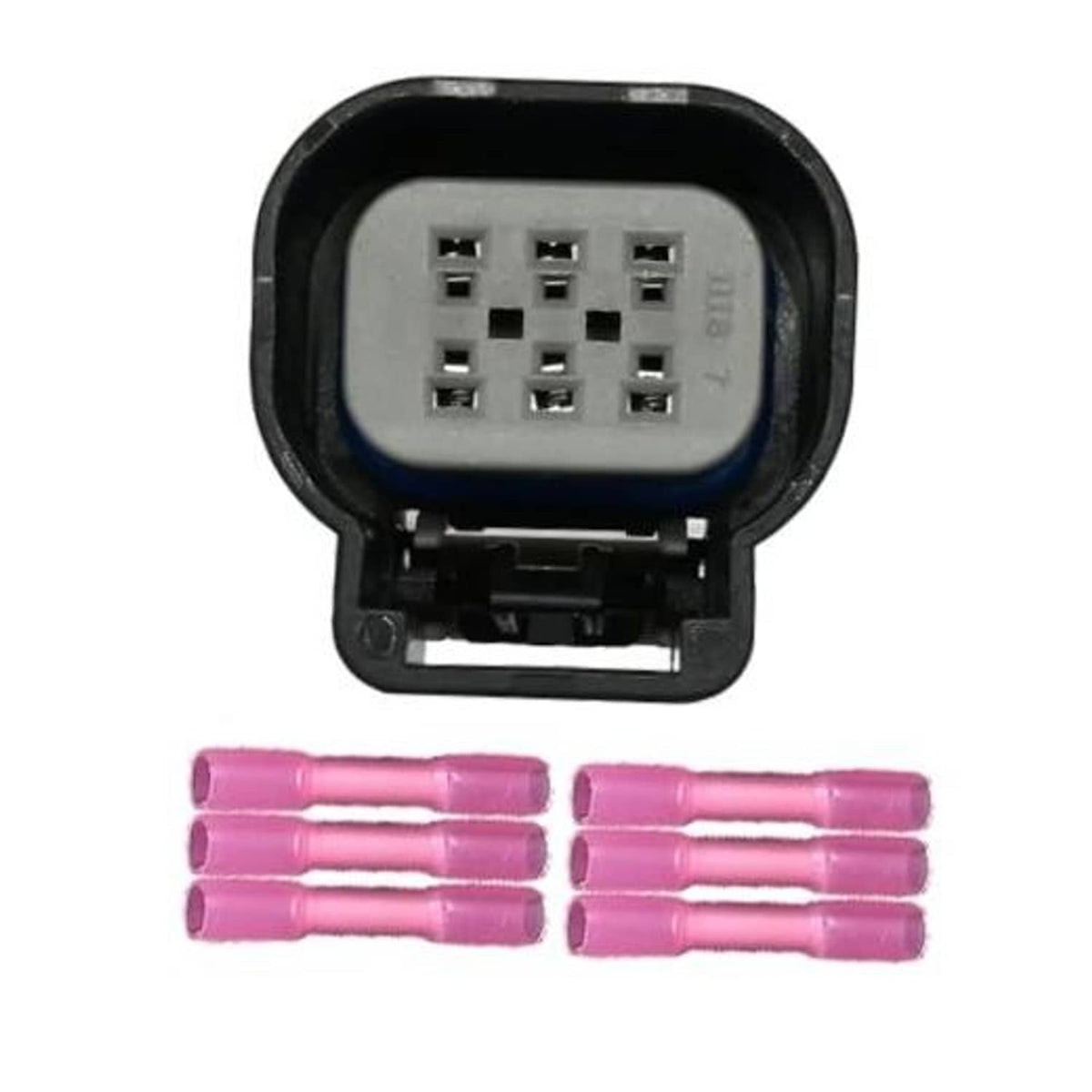 Throttle position sensor connector with gray pin insert, black housing, purple terminals