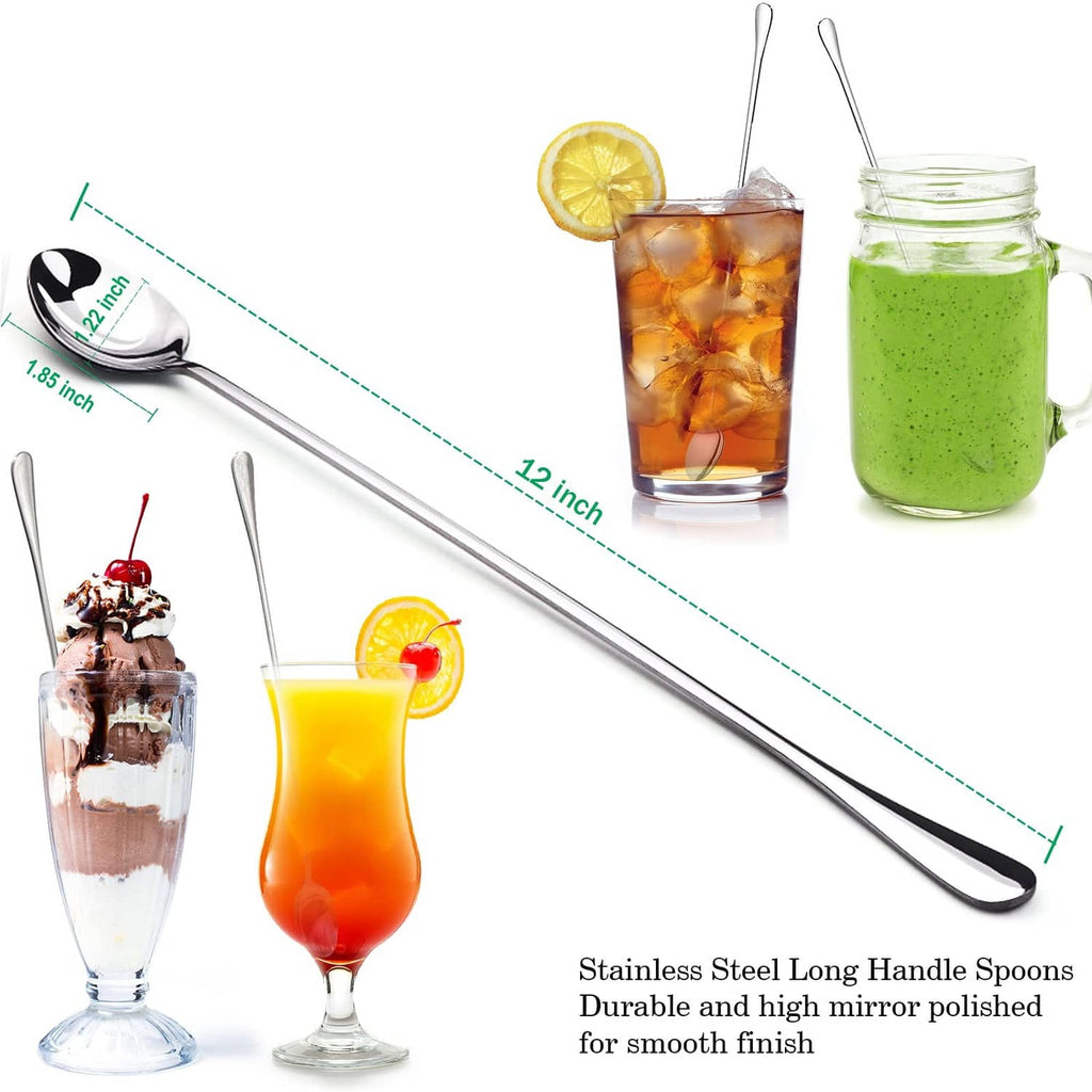 Long stainless mixing spoon with oval bowl and slim 12-inch handle
