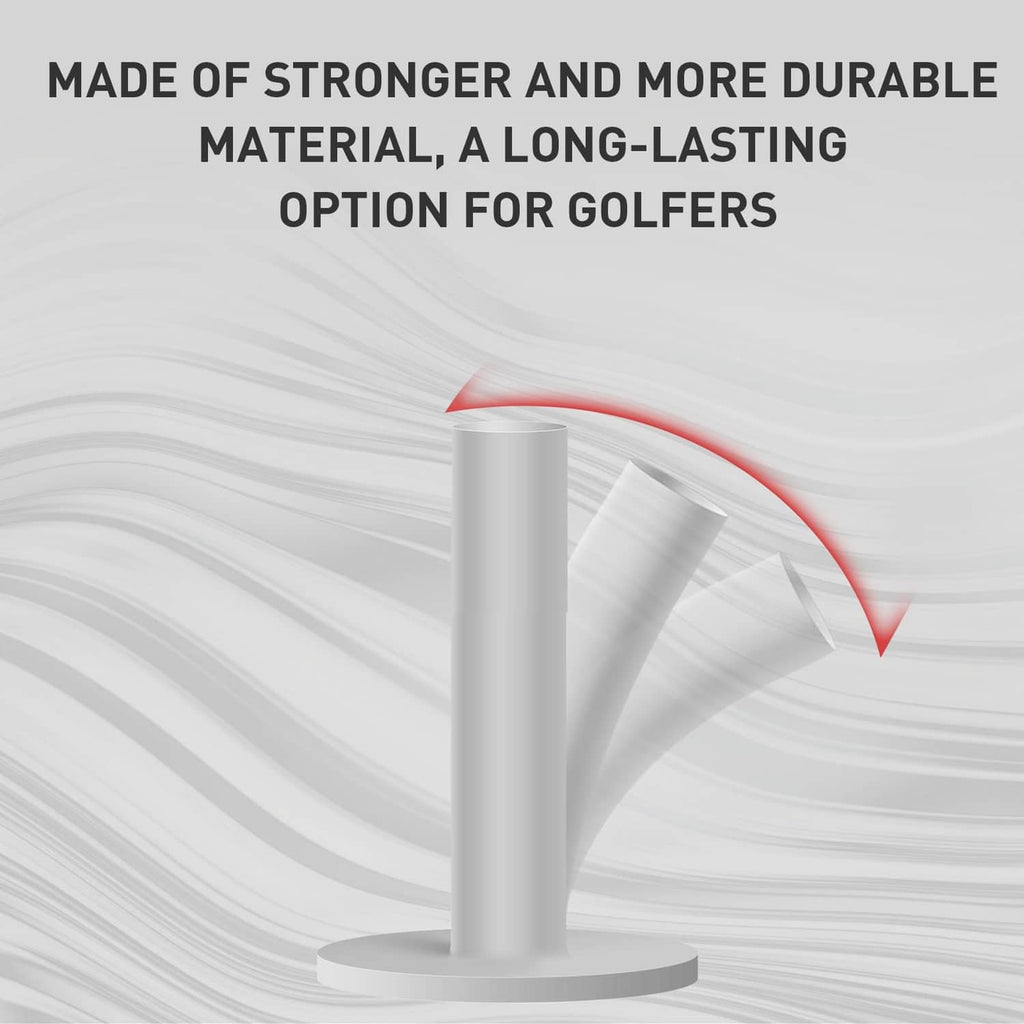 White rubber golf tee with ribbed design and red arrow indicating durability