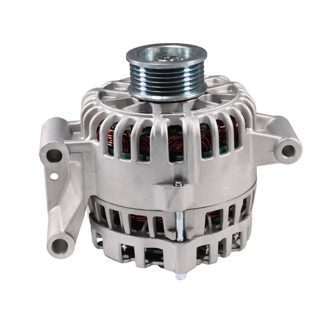 Automotive alternator front view with pulley and vented grille on silver housing
