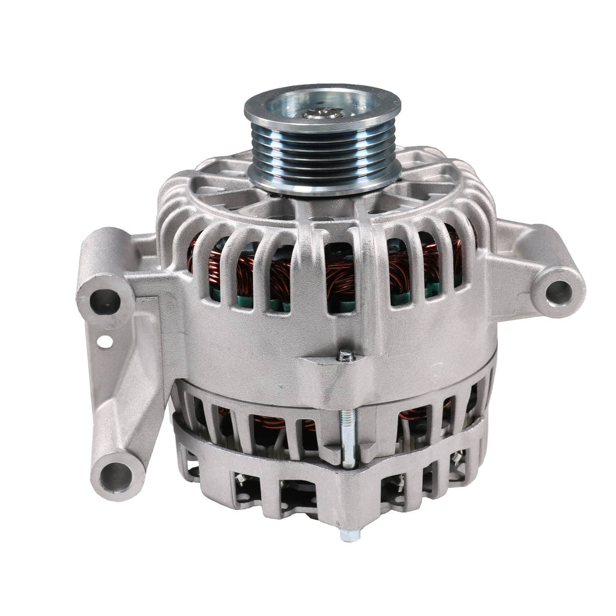 Automotive alternator front view with pulley and vented grille on silver housing