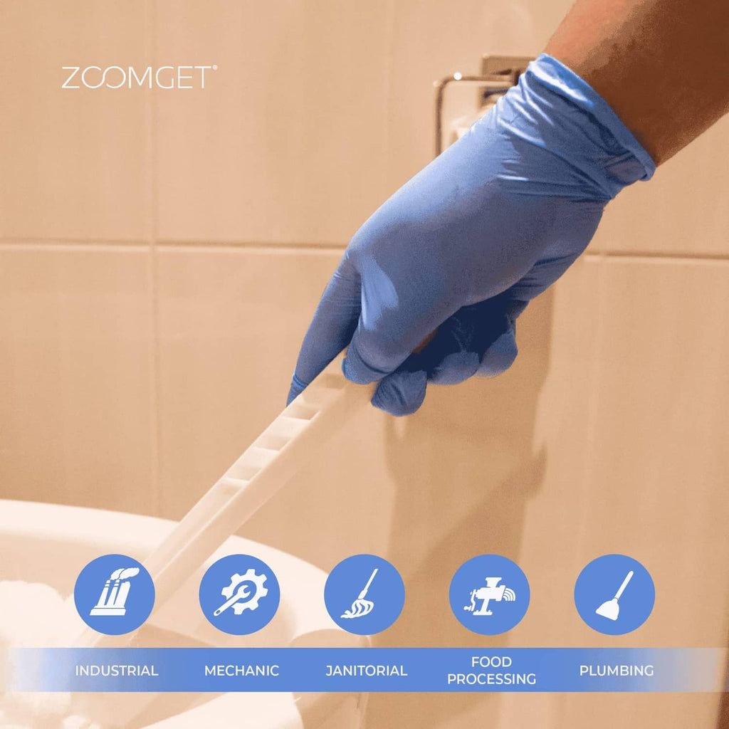Blue nitrile glove hand gripping paint roller, disposable protection