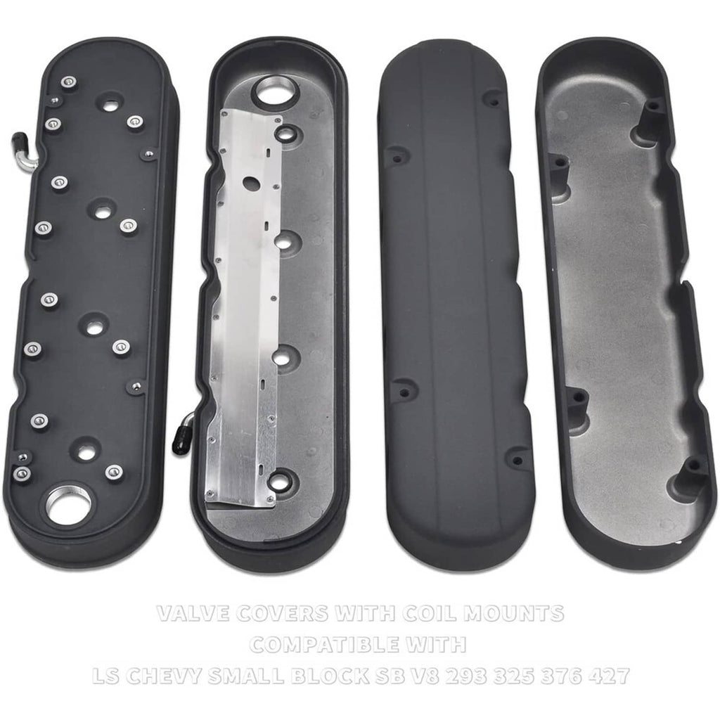 Black valve cover set with coil mounts and exposed inner metal backing
