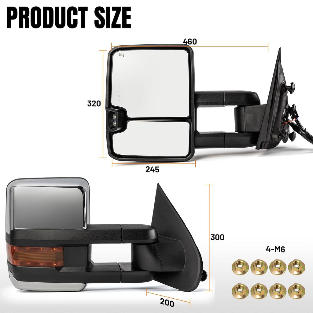Heated tow mirror pair dimensions diagram with turn-signal and clearance light design