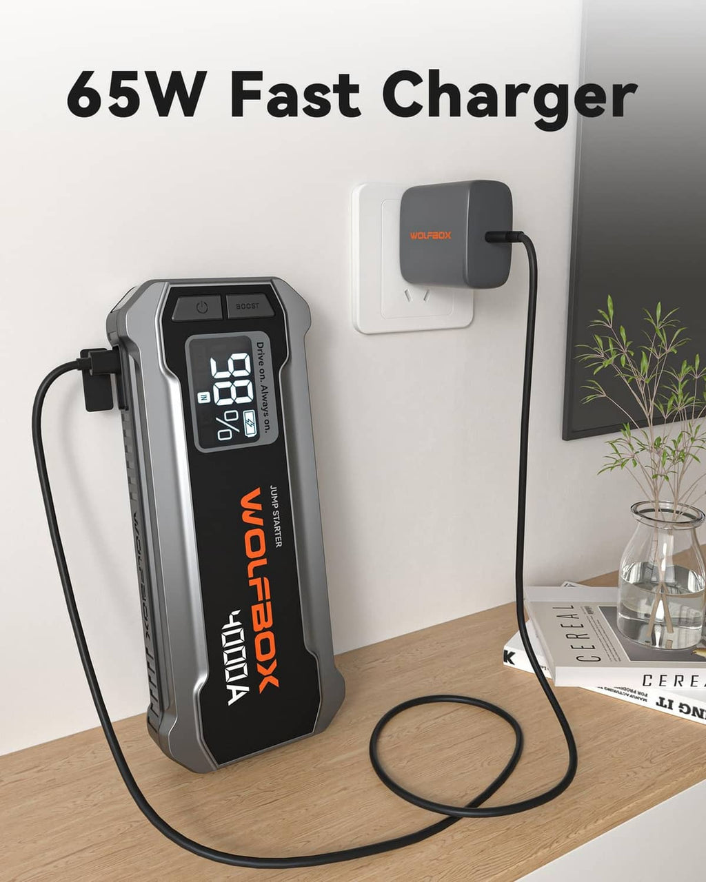 Wolfbox 65W PD USB-C charger, dark gray body with digital power display