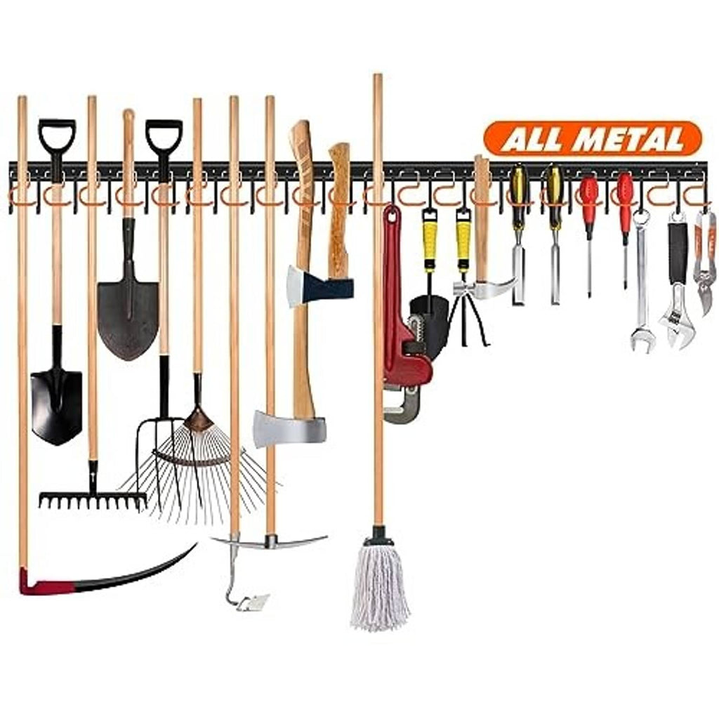 Adjustable metal tool organizer rack with S and L hooks for hanging yard tools