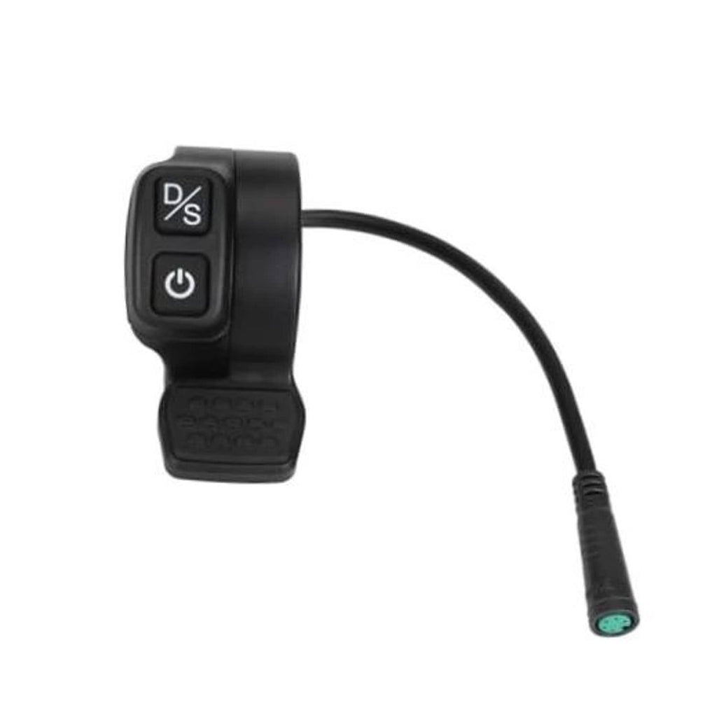 Black thumb throttle switch with D/S and power buttons and attached cable connector