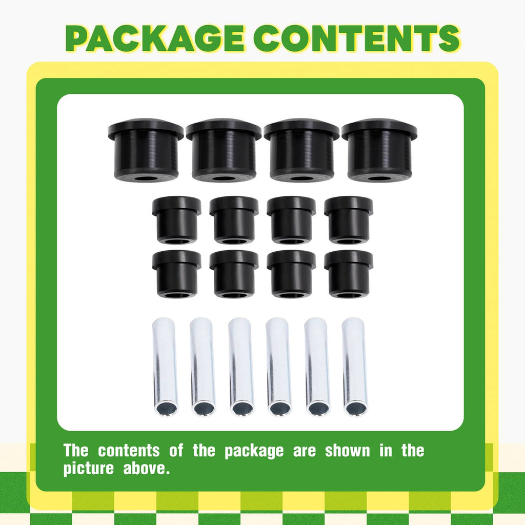 Leaf spring bushing kit package contents: black bushings and silver steel sleeves