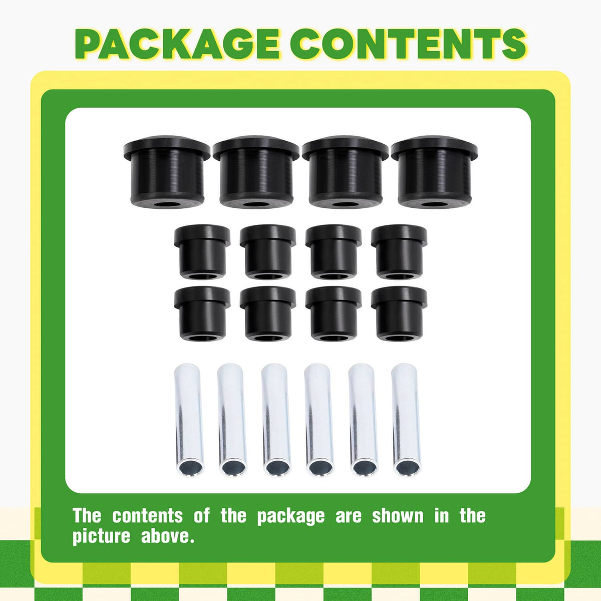 Leaf spring bushing kit package contents: black bushings and silver steel sleeves