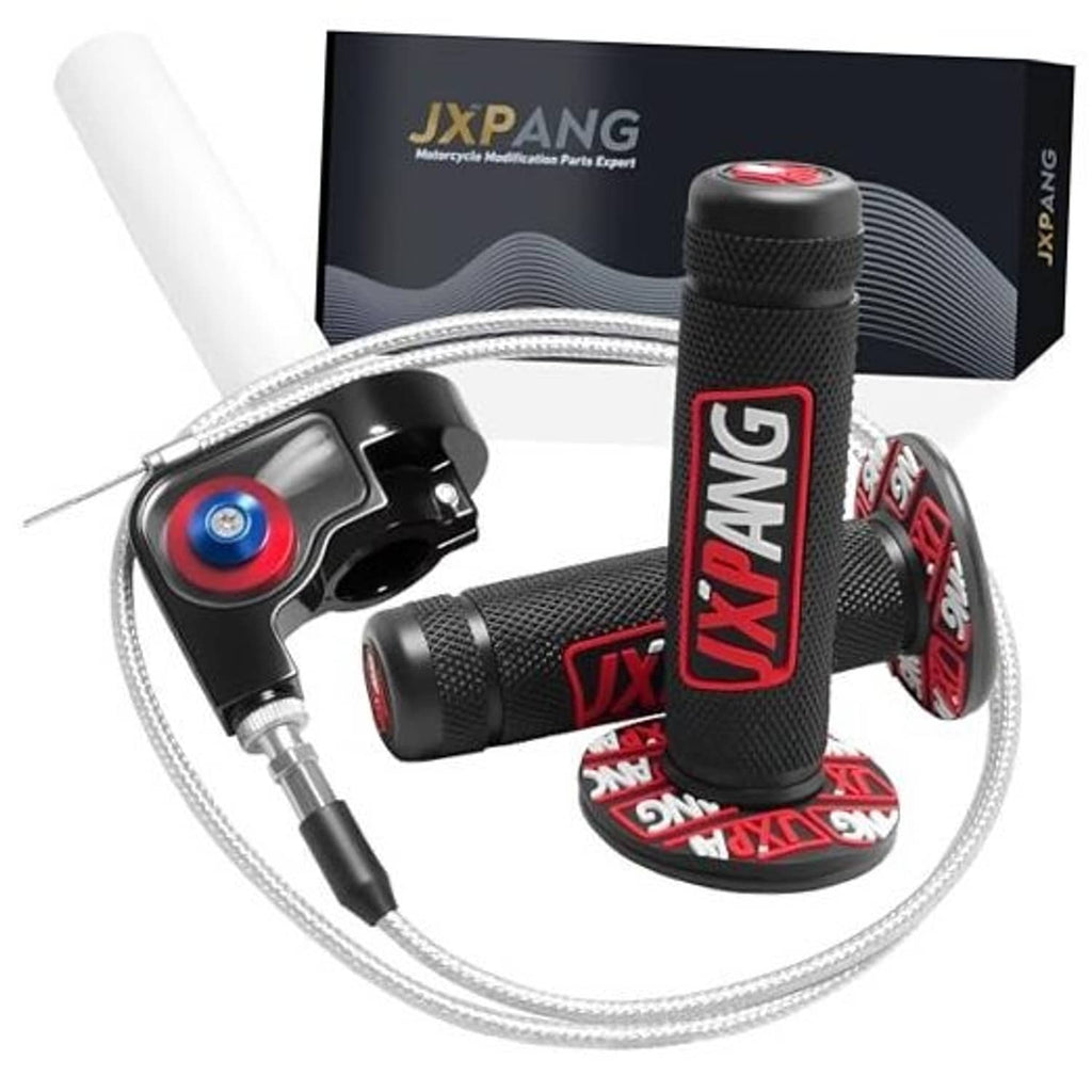 Motorcycle throttle twist grip with red-ring cable, black handle, and braided throttle cable