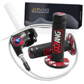 Motorcycle throttle twist grip with red-ring cable, black handle, and braided throttle cable