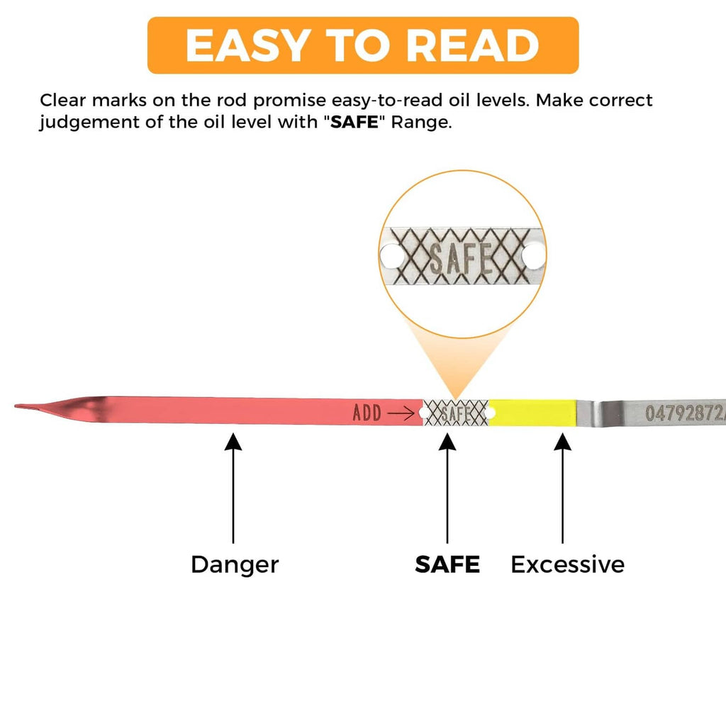 Engine oil dipstick rod with oil-level indicator markings and SAFE range
