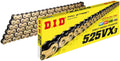 Gold and black roller motorcycle chain with interlocking links in a retail box