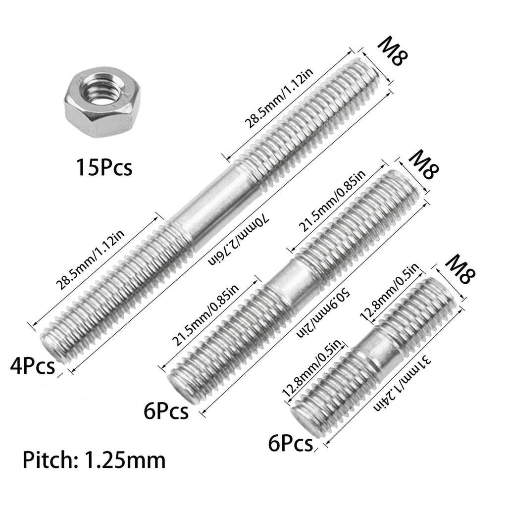 Metric stainless steel double-end threaded stud set with hex nuts, 16 pcs