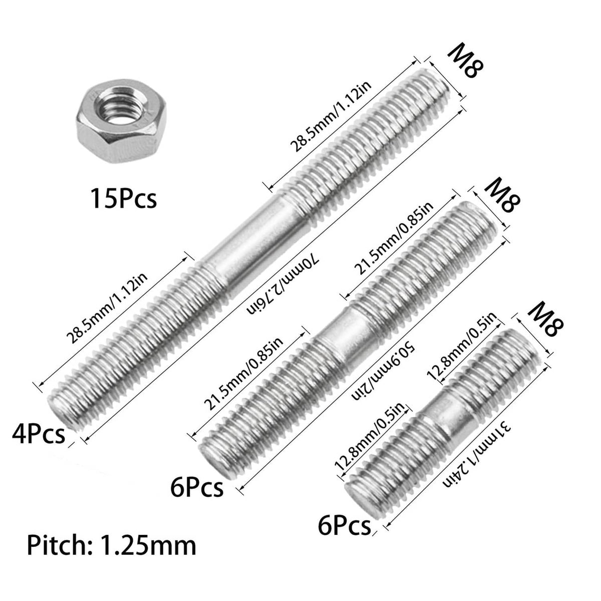 Metric stainless steel double-end threaded stud set with hex nuts, 16 pcs