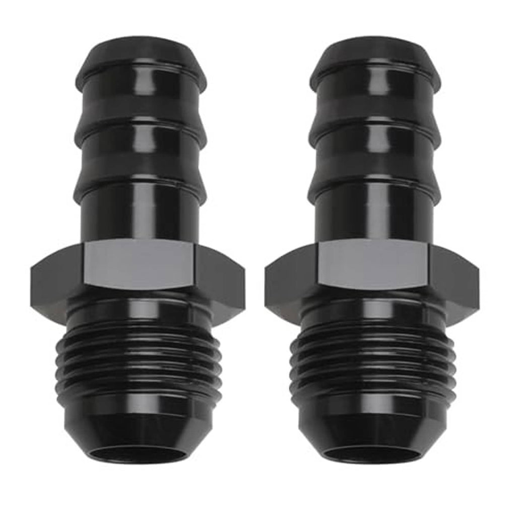 Two black AN hose barb fittings with hex bases and threaded ends, straight profile