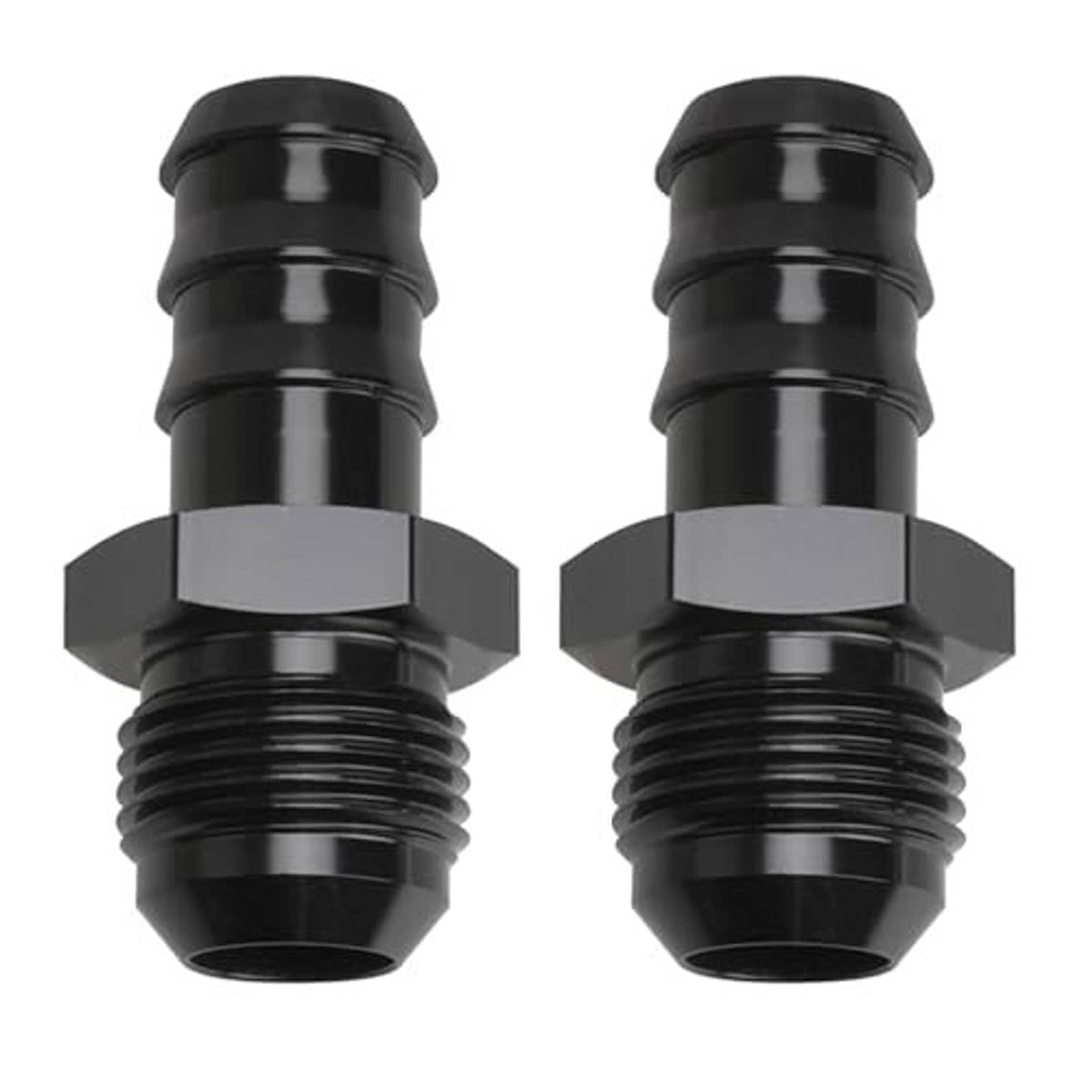 Two black AN hose barb fittings with hex bases and threaded ends, straight profile