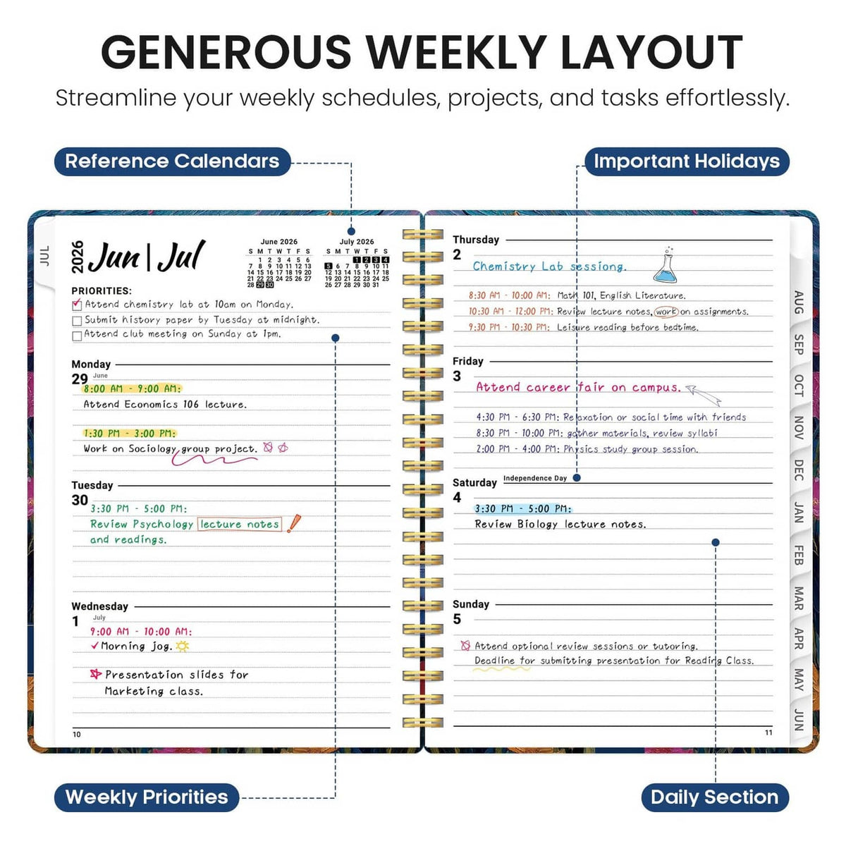 Open weekly layout pages with notes and holiday sections, gold spiral binding