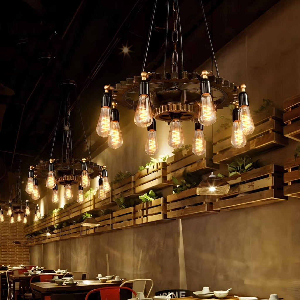 Hanging chandelier with multiple amber E26 LED Edison bulbs and spiral filaments