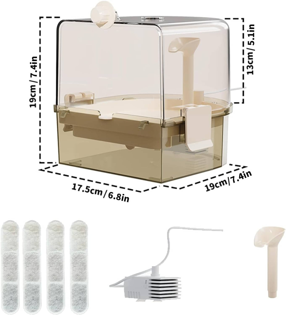 Automatic bird bath size view with pump, tubing, and filter pads