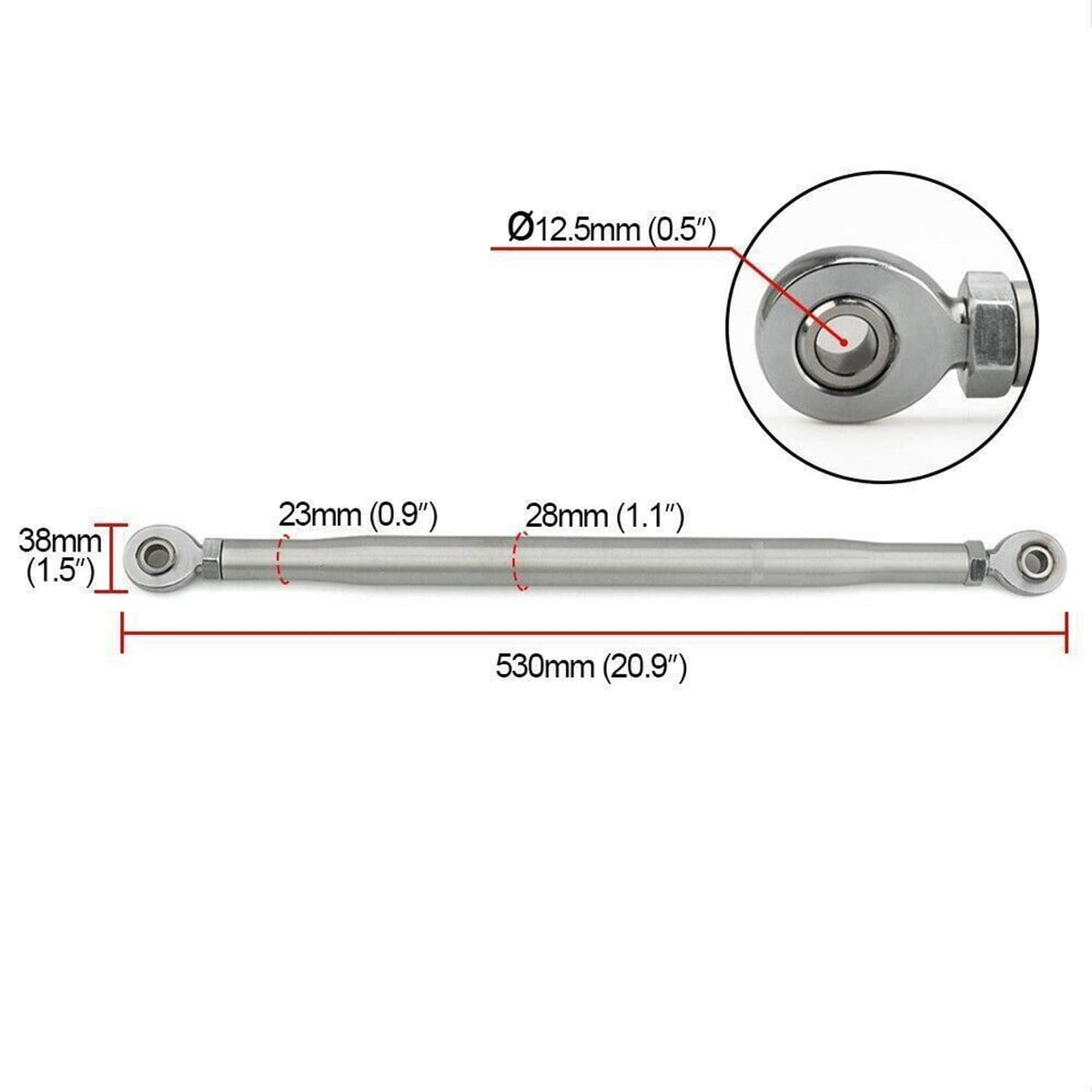 Silver tie rod end with pivot joint and black mounting hardware, with size callouts
