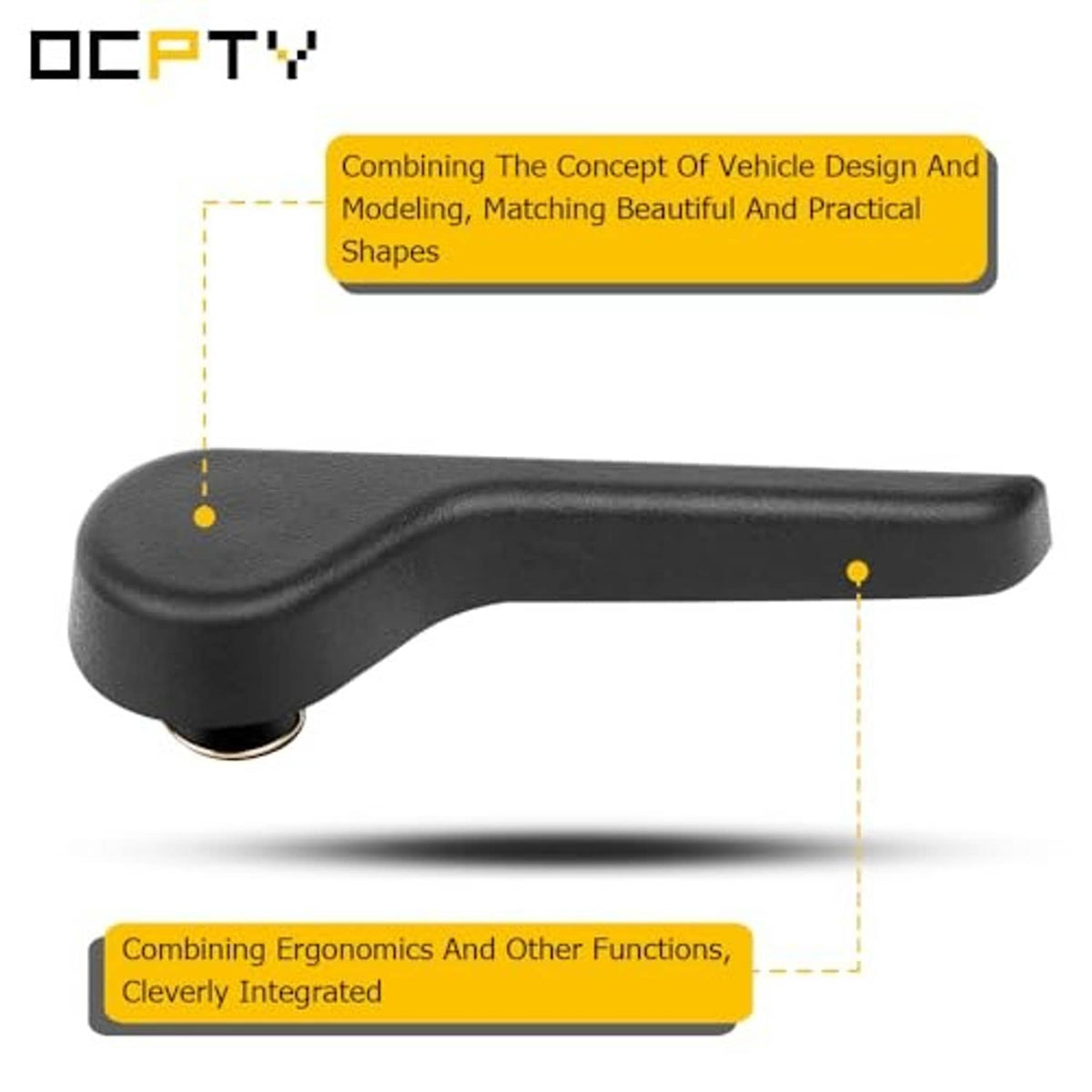 Black seat adjuster lever handle, side profile with two indicated mounting points