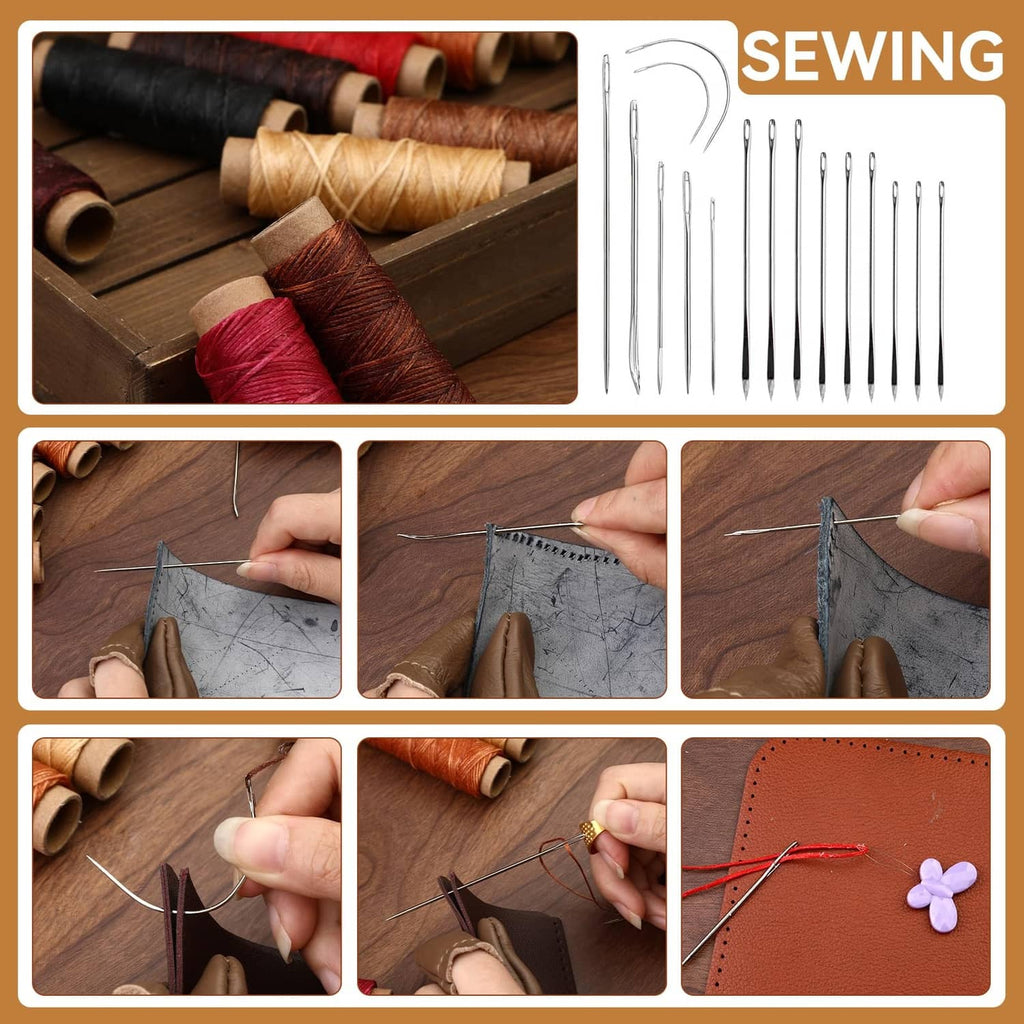 Leather sewing kit with waxed thread spools and multiple hand sewing needles