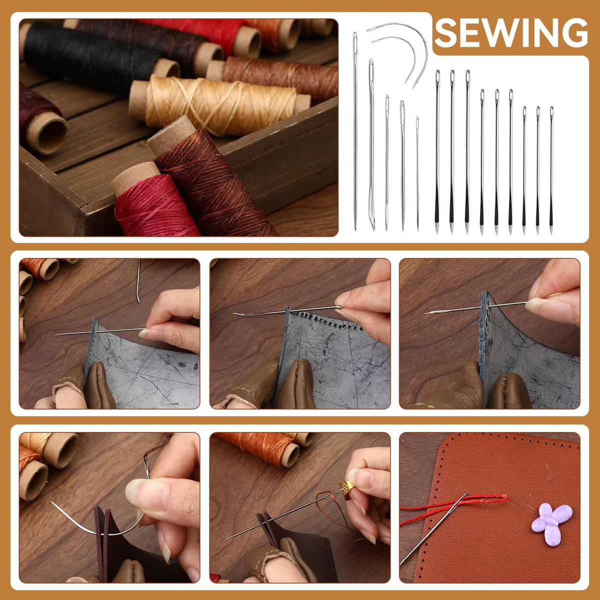 Leather sewing kit with waxed thread spools and multiple hand sewing needles