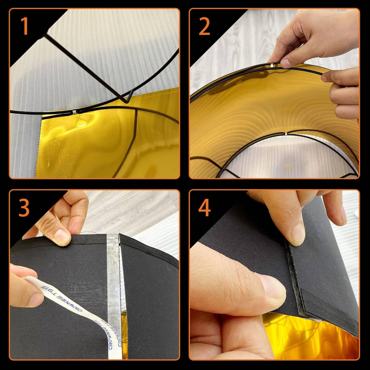 Drum lamp shade installation close-ups with inner frame and securing clips