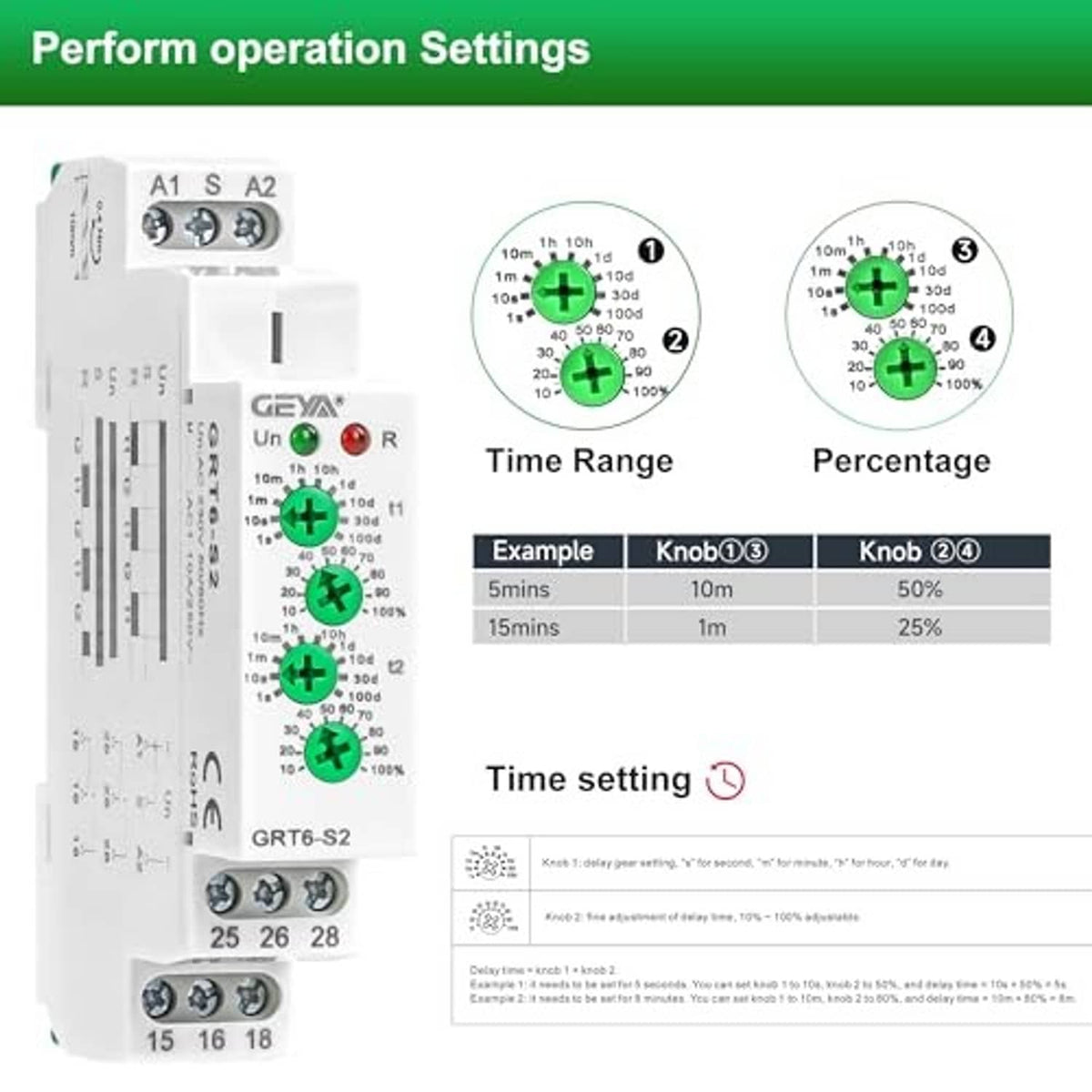 Time-delay relay with operation settings chart, time range and percentage knobs