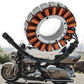 3-phase generator stator coil with orange copper windings, gray mounting ring, black leads