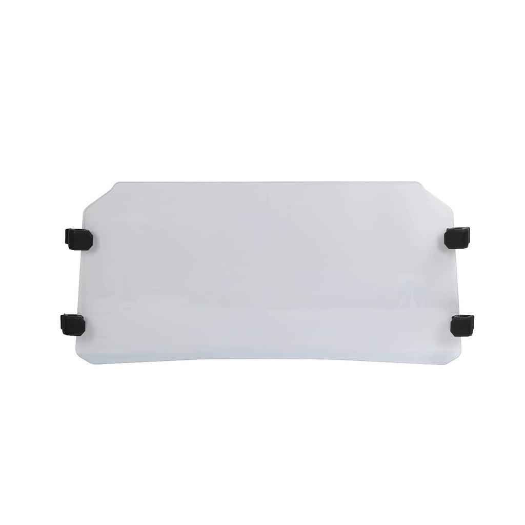 Clear rectangular windshield panel with four black mounting blocks and curved bottom