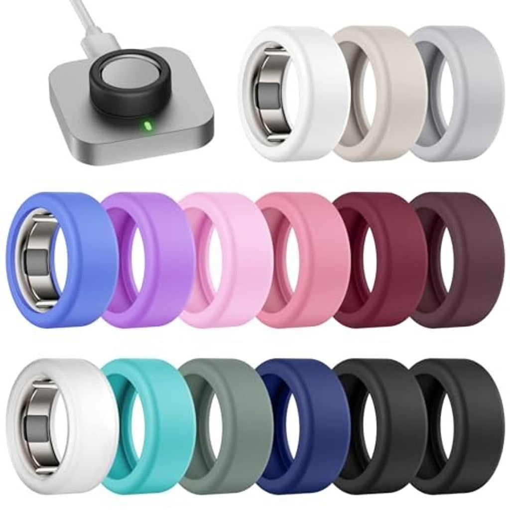 Silicone ring covers set in blue, purple, pink, gray, teal, navy, and black