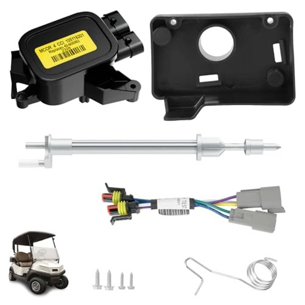 Throttle potentiometer kit components: control module, cover plate, metal rod, wire harness.