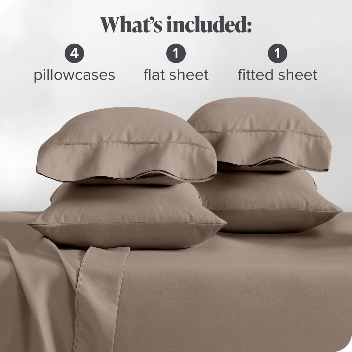 Taupe sheet set display: four pillowcases with one flat sheet and one fitted sheet.