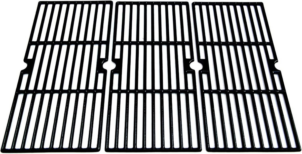 Porcelain-coated cast iron cooking grate, black with three-section bar pattern
