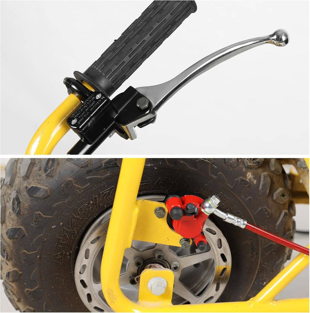 Hydraulic brake lever and red caliper with brake hose on a yellow mini bike wheel