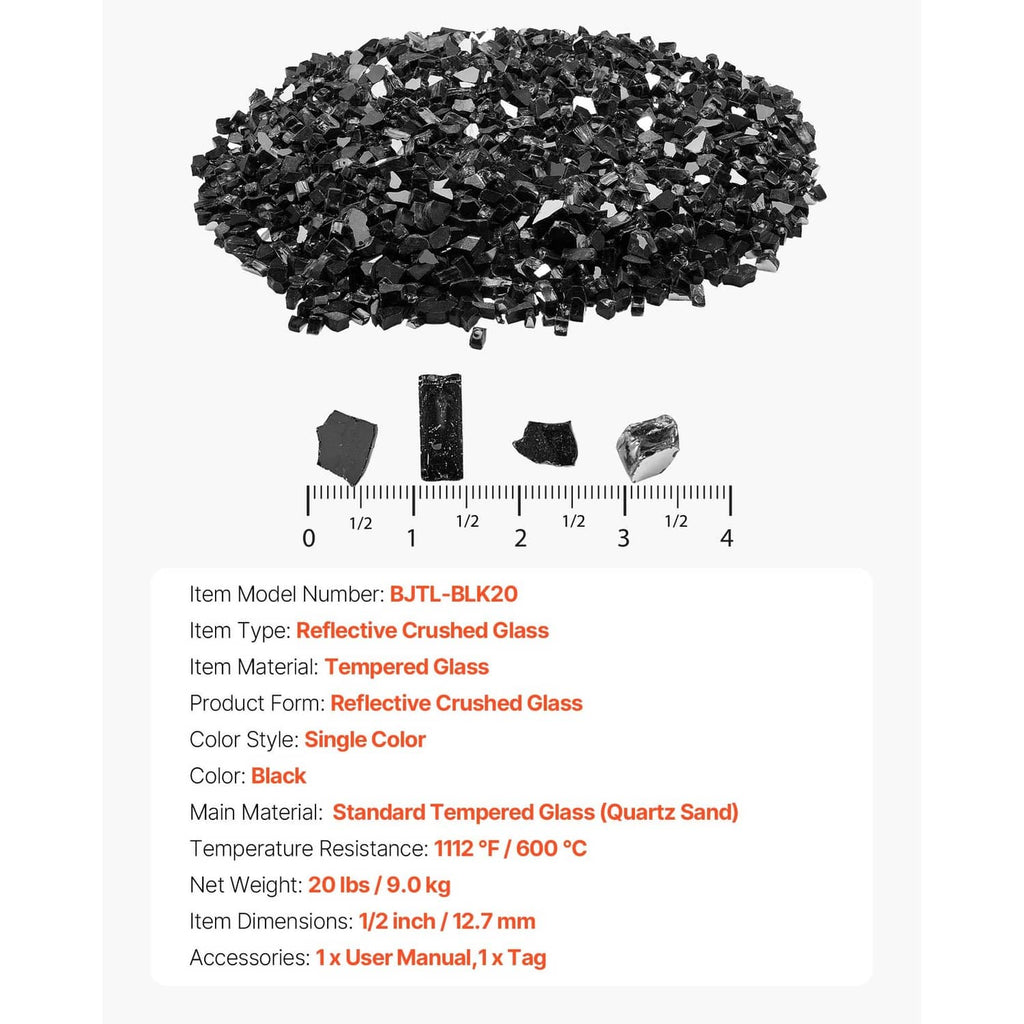 Black crushed tempered glass fire pit rocks with measurement scale and sample pieces