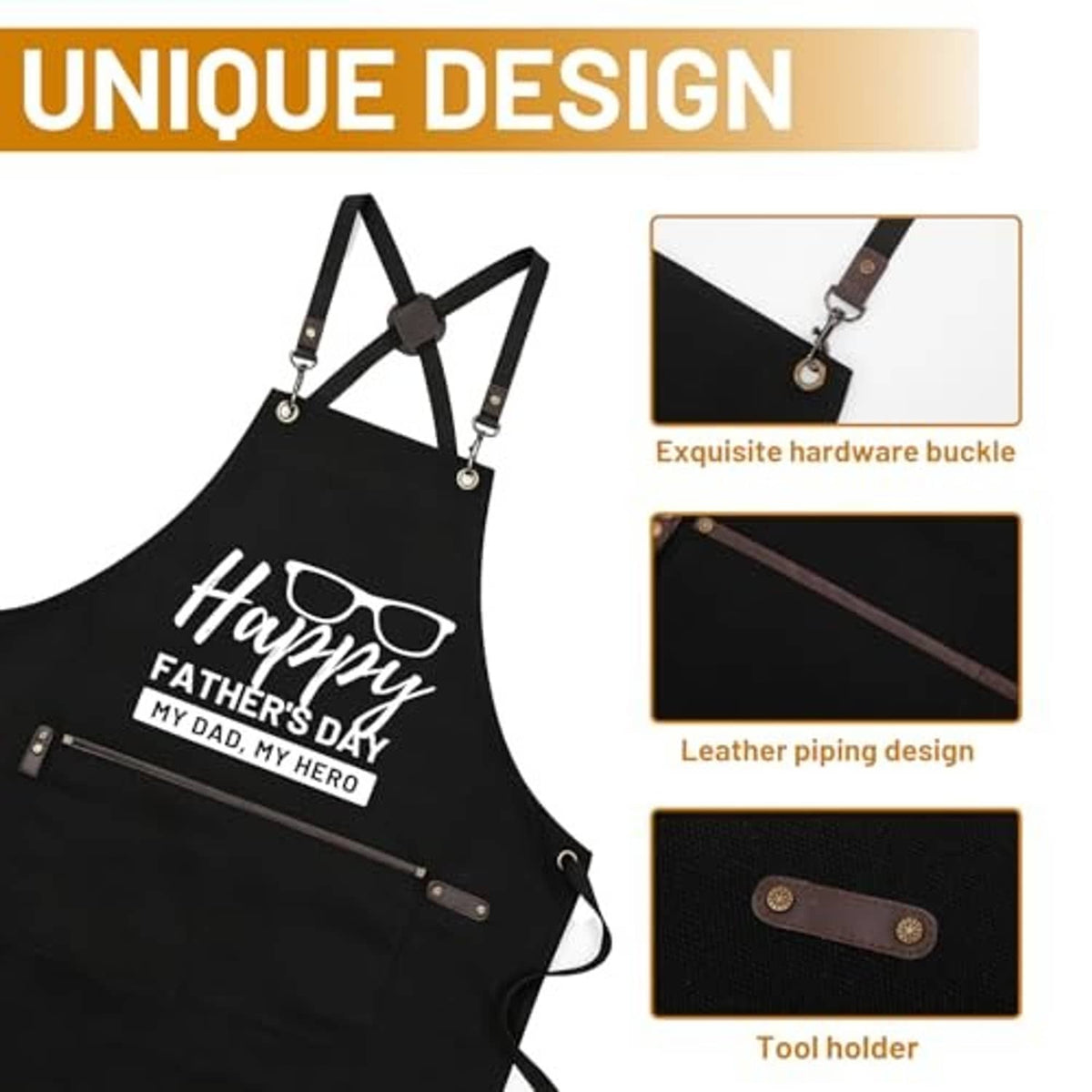 Black BBQ apron with leather-look trim, cross-back straps and Happy Father's Day front