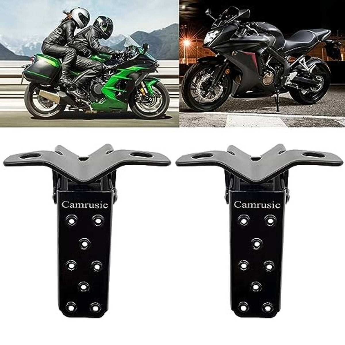 Pair of universal motorcycle foot pegs with black bases and silver support arms