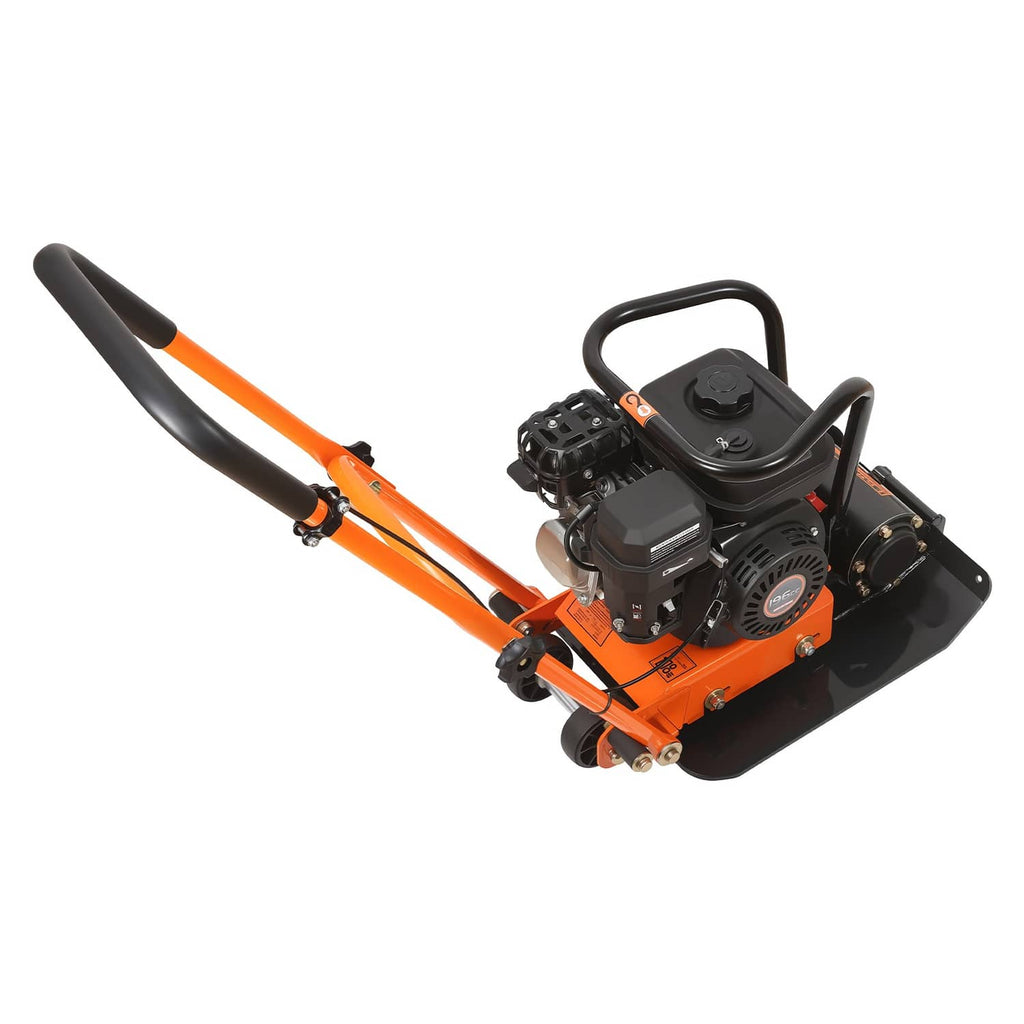 Orange and black vibrating plate compactor, 3/4 view showing handle and base plate