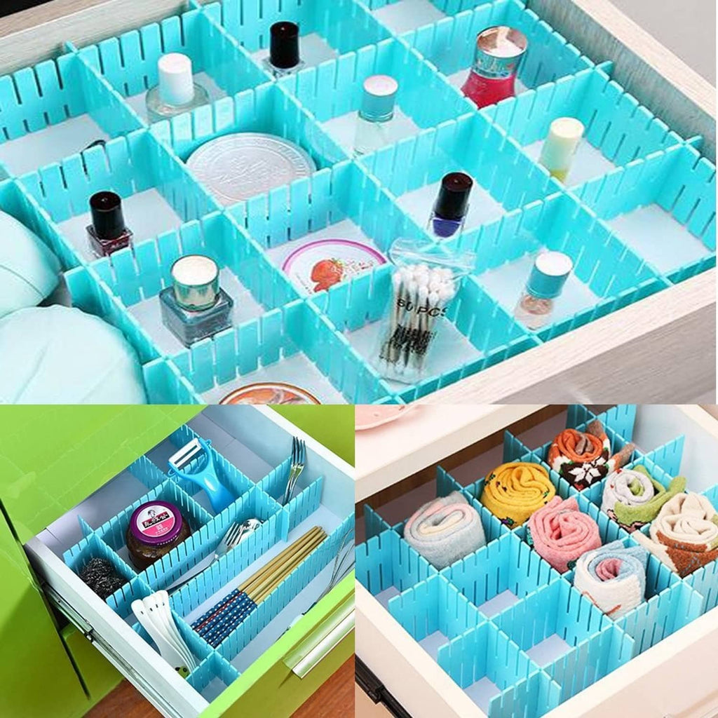 Blue plastic drawer organizer dividers creating small compartments for bottles and jars