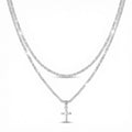 Silver-tone layered chain necklace with a small cross charm pendant