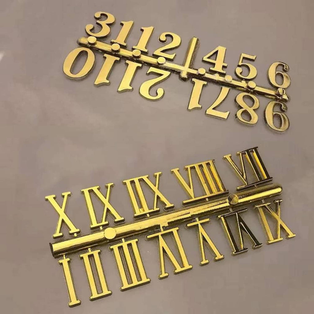 Gold clock numeral and Roman numeral hand set with raised embossed details
