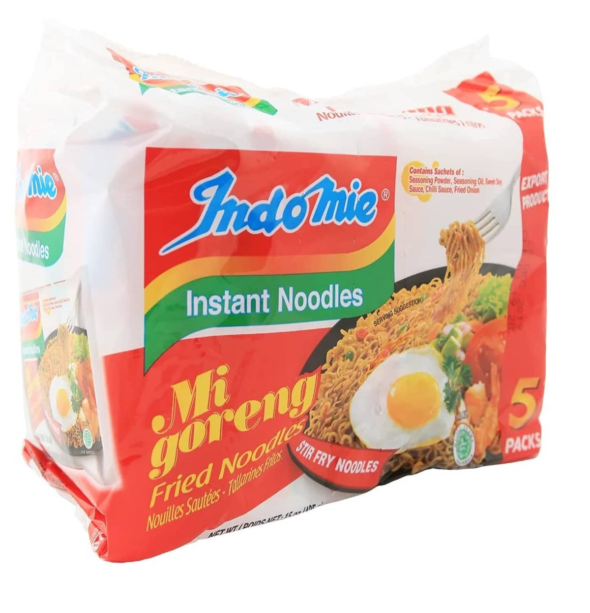 Indomie Mi Goreng instant noodles 5-pack front with fried egg and noodle artwork