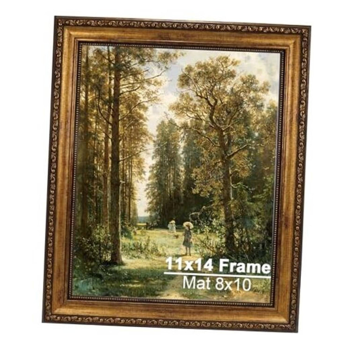 Ornate Victorian picture frame with dark gold finish, holding a landscape photo