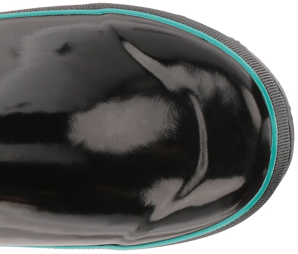 Black rubber rain boot interior lining with teal edge trim