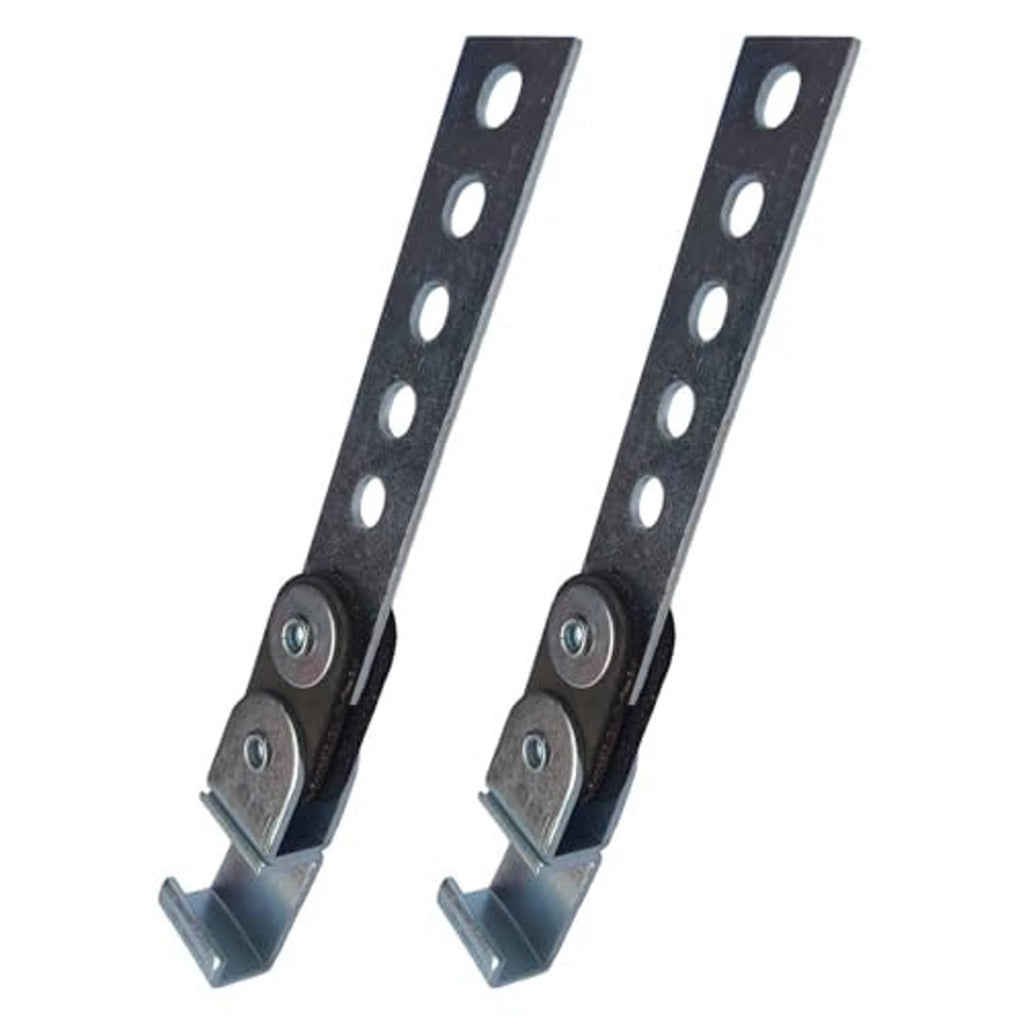 Pair of black exhaust hanger brackets with rubber mounts and multiple mounting holes