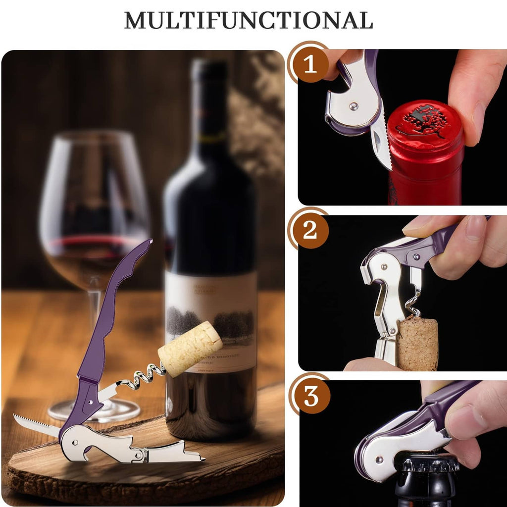 Plum and silver corkscrew key with bottle opener, shown on a wine bottle