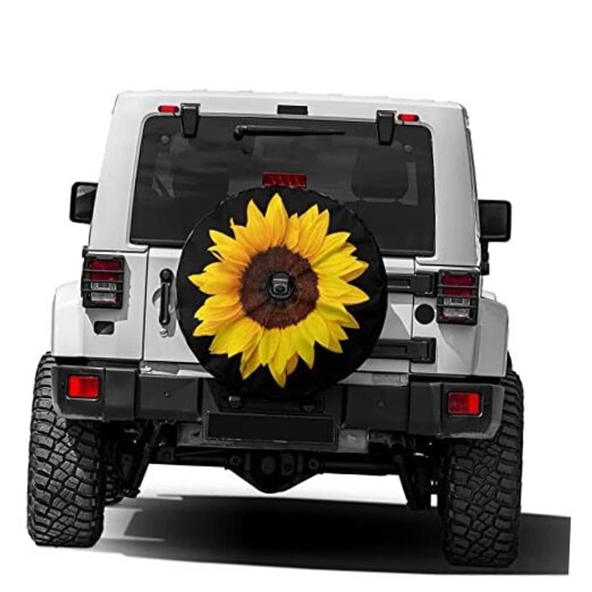 Black spare tire cover with large sunflower graphic, fitted on rear wheel with camera hole
